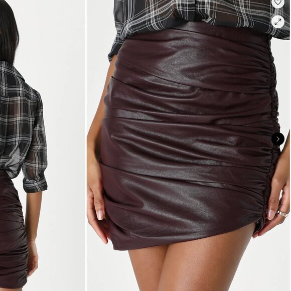 NWT Lulu's Maroon Vegan Faux Leather Ruched Mini Skirt - Picture 6 of 7
